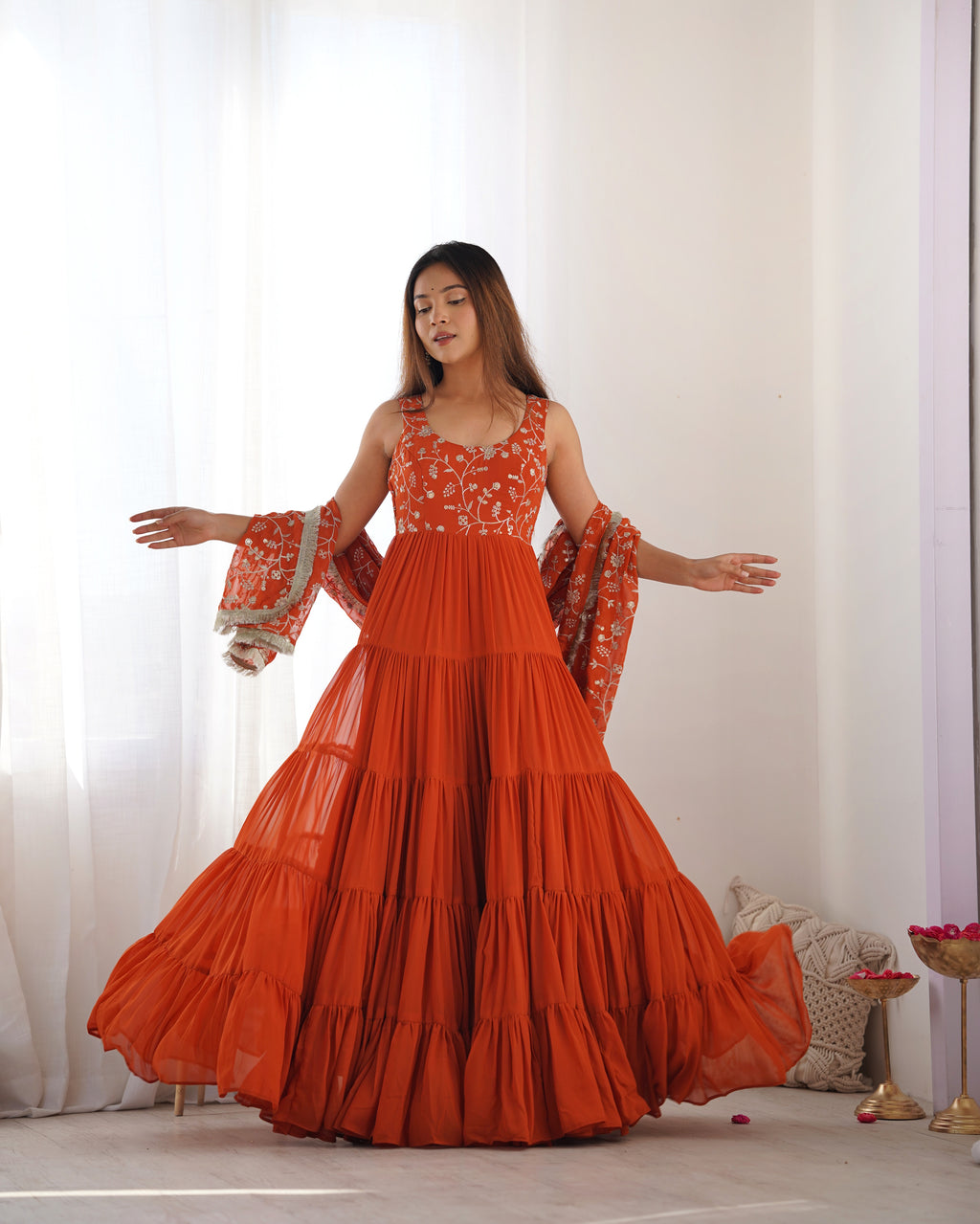 
Orange Color Pure Soft Foux Georgette Anarkali Suit With Huge Flair Comes With Duppatta & Pant - RUST
