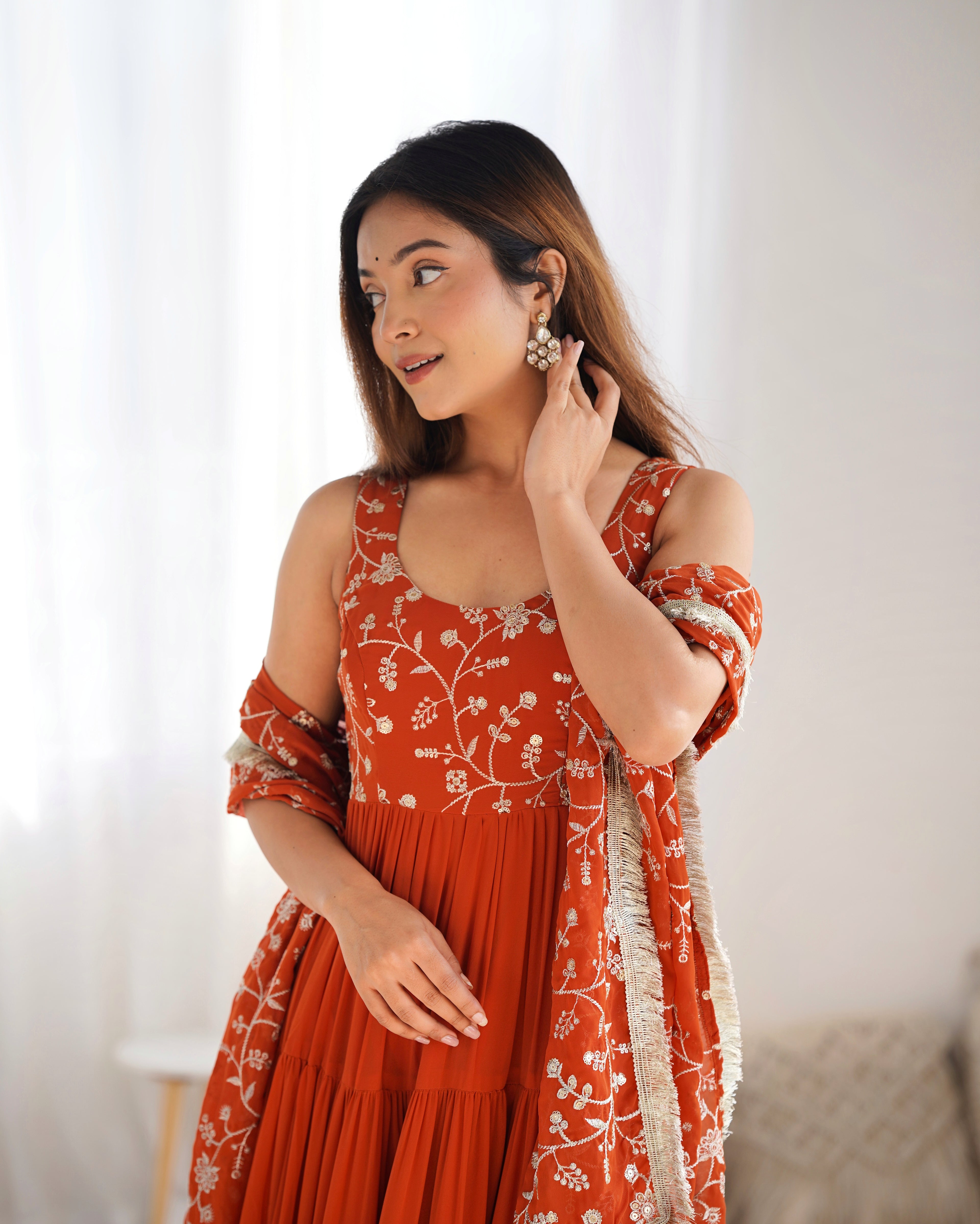
Orange Color Pure Soft Foux Georgette Anarkali Suit With Huge Flair Comes With Duppatta & Pant - RUST
