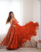 
Orange Color Pure Soft Foux Georgette Anarkali Suit With Huge Flair Comes With Duppatta & Pant - RUST

