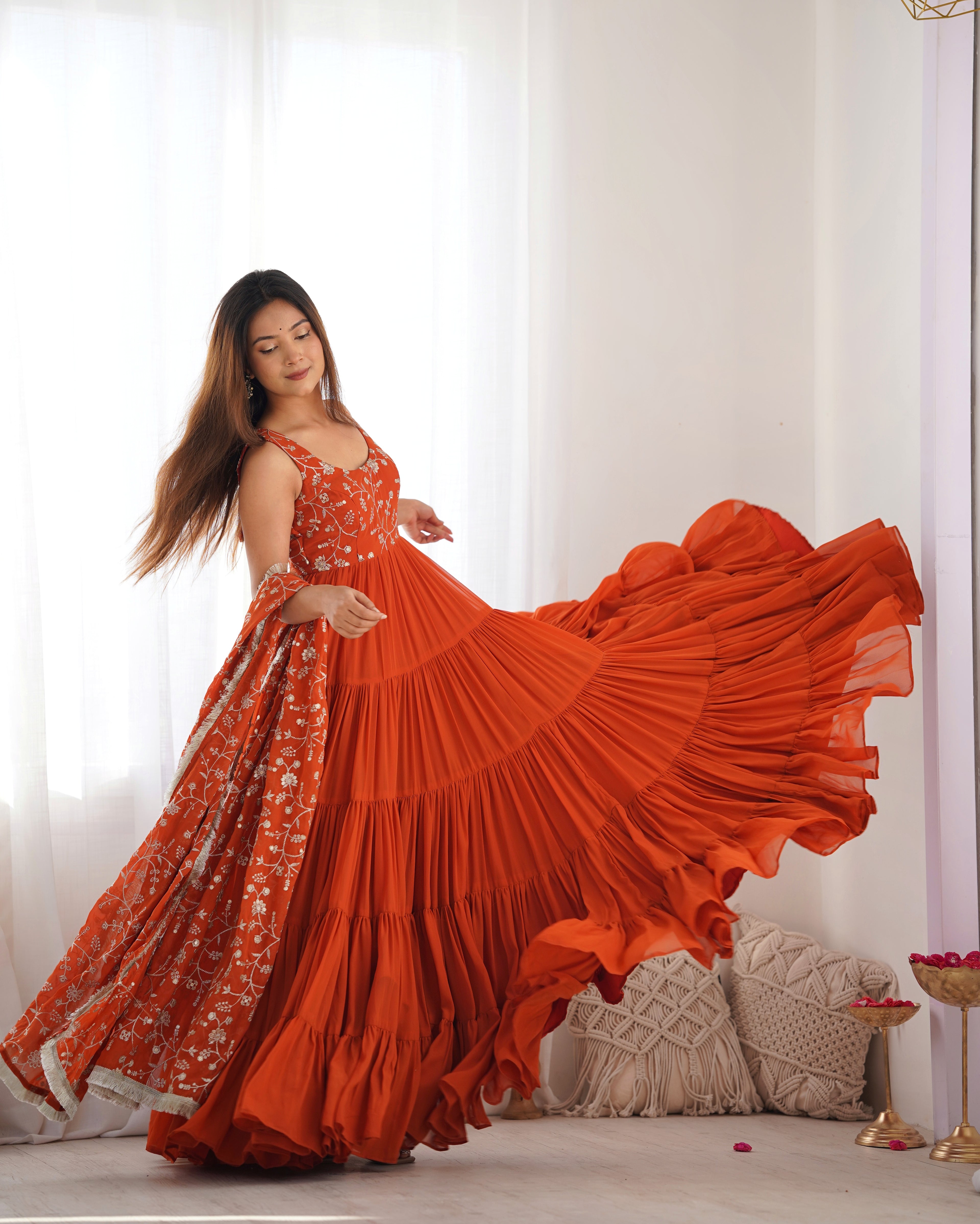 
Orange Color Pure Soft Foux Georgette Anarkali Suit With Huge Flair Comes With Duppatta & Pant - RUST
