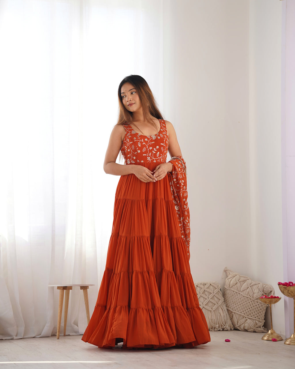 Orange Color Pure Soft Foux Georgette Anarkali Suit With Huge Flair Comes With Duppatta & Pant - RUST
