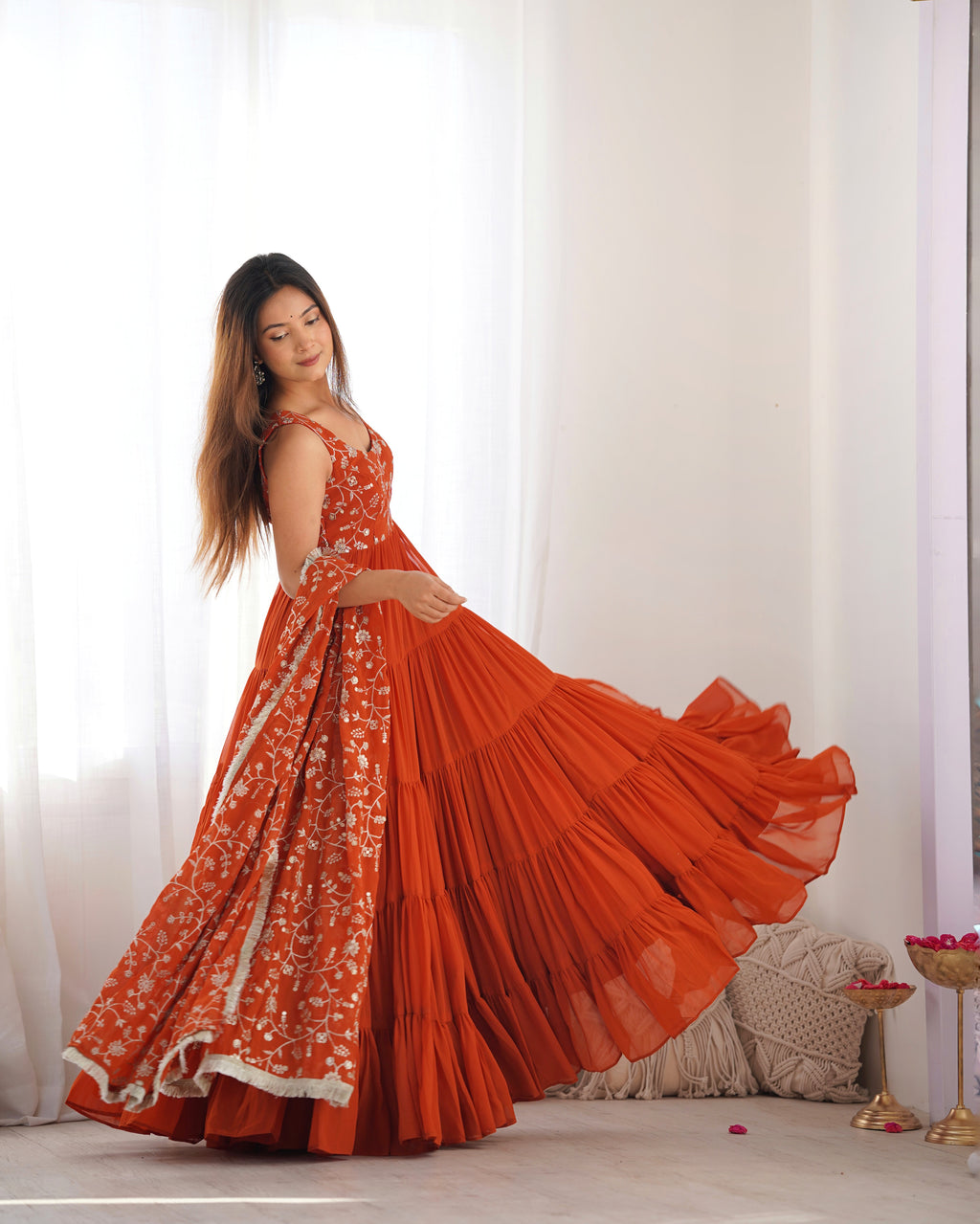 Orange Color Pure Soft Foux Georgette Anarkali Suit With Huge Flair Comes With Duppatta & Pant - RUST
