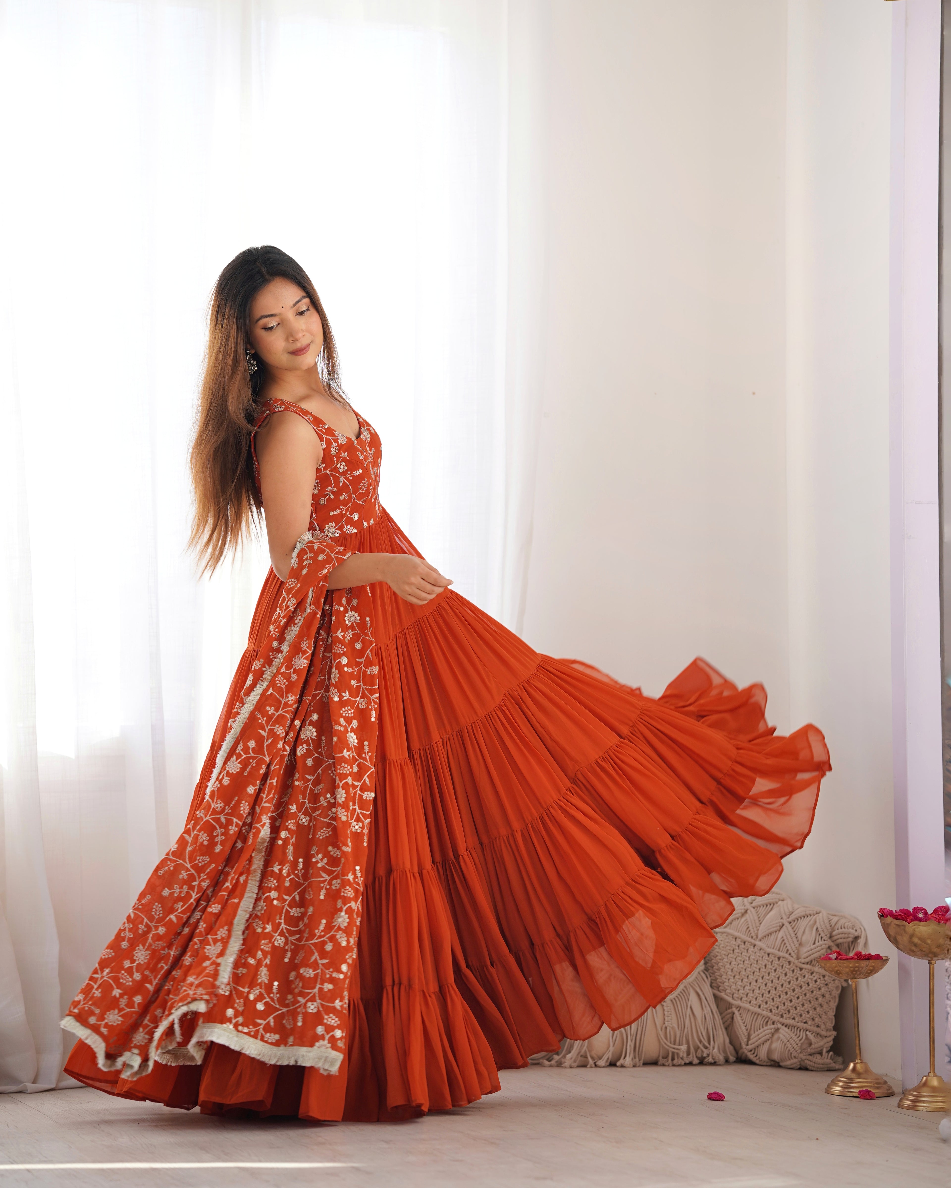 Orange Color Pure Soft Foux Georgette Anarkali Suit With Huge Flair Comes With Duppatta & Pant - RUST
