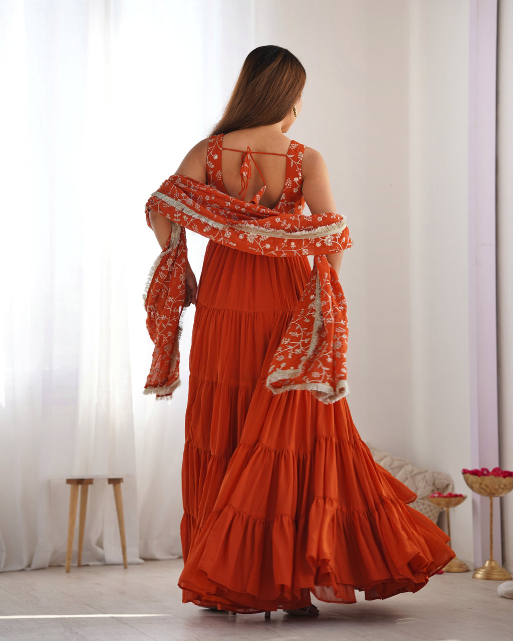 Orange Color Pure Soft Foux Georgette Anarkali Suit With Huge Flair Comes With Duppatta & Pant - RUST
