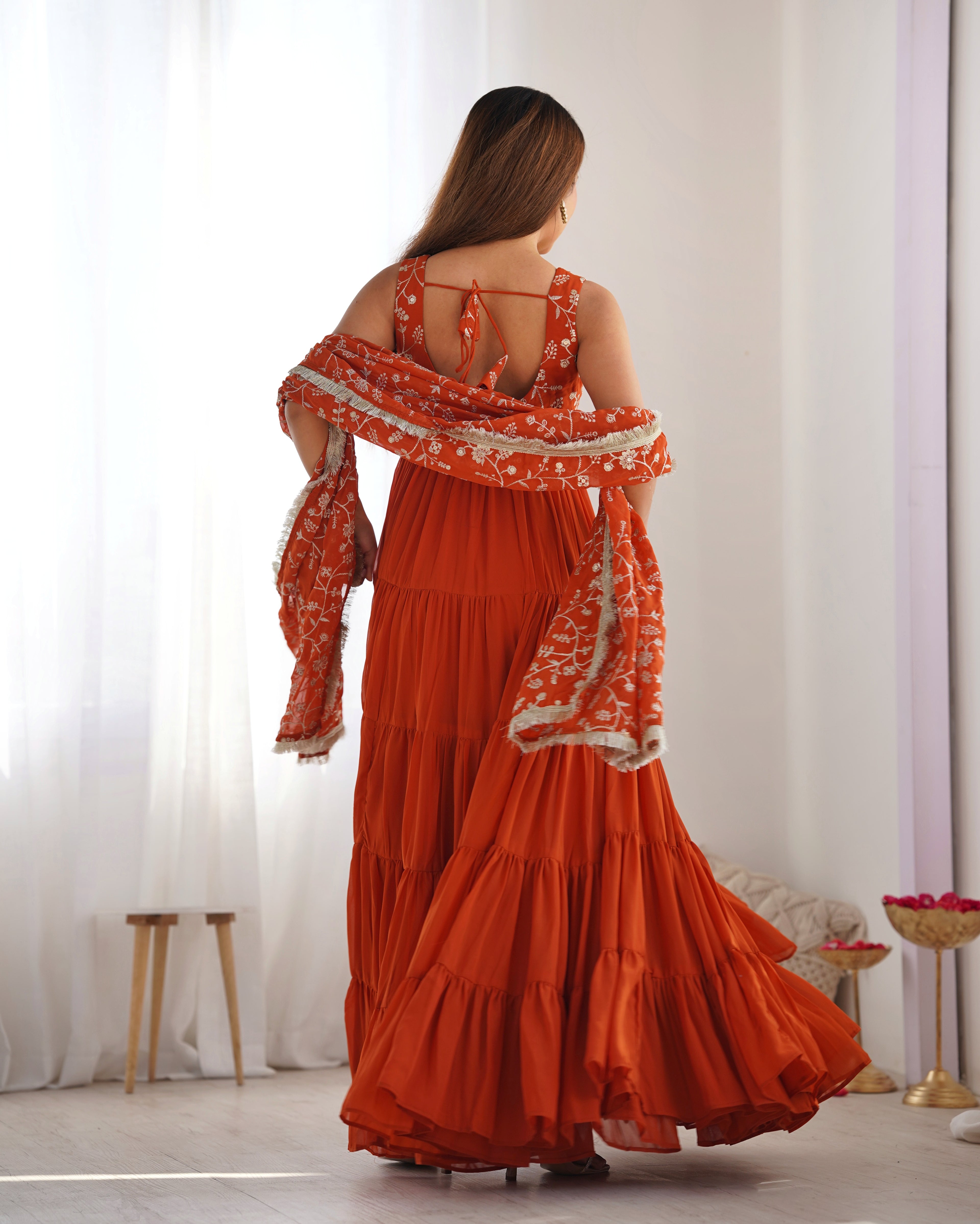 Orange Color Pure Soft Foux Georgette Anarkali Suit With Huge Flair Comes With Duppatta & Pant - RUST
