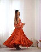 Orange Color Pure Soft Foux Georgette Anarkali Suit With Huge Flair Comes With Duppatta & Pant - RUST
