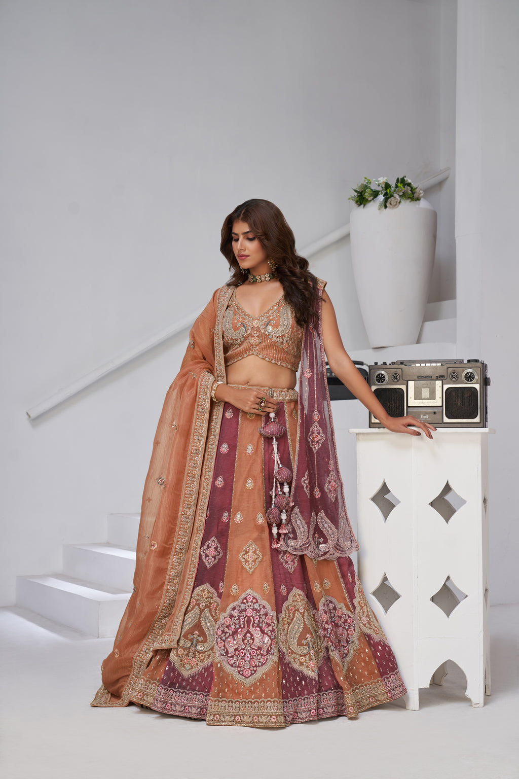 Rust Ethereal Harmony Double Layered Dupatta Bridal Lehenga
