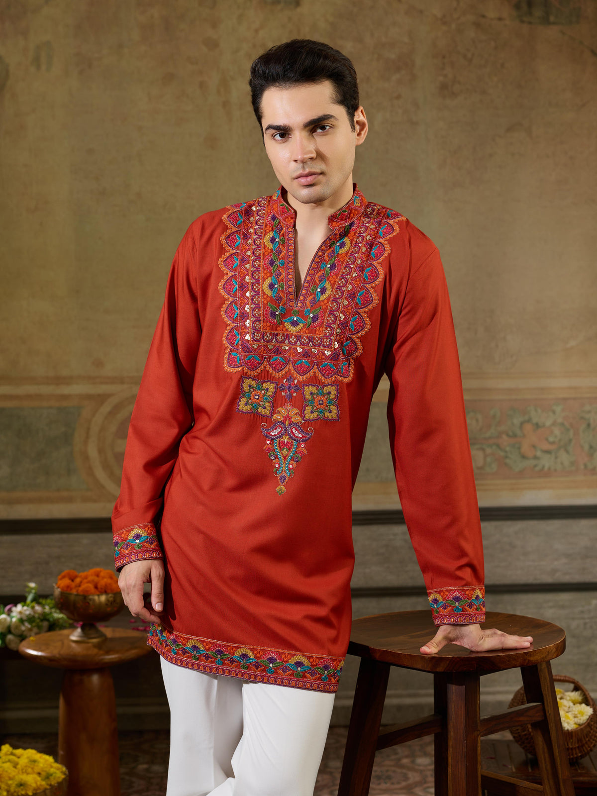 Regal Rust Orange Rayon Mirror Kurta Set | Tulip Designer
