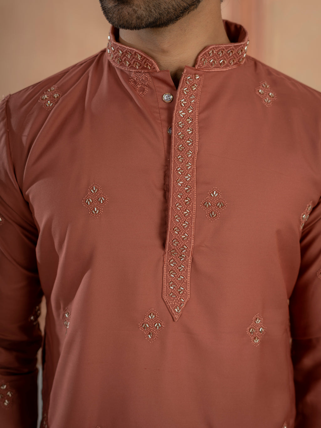 Rust Orange Festive Wear Soft Cotton Val-Moti Butta Work Kurta Set
