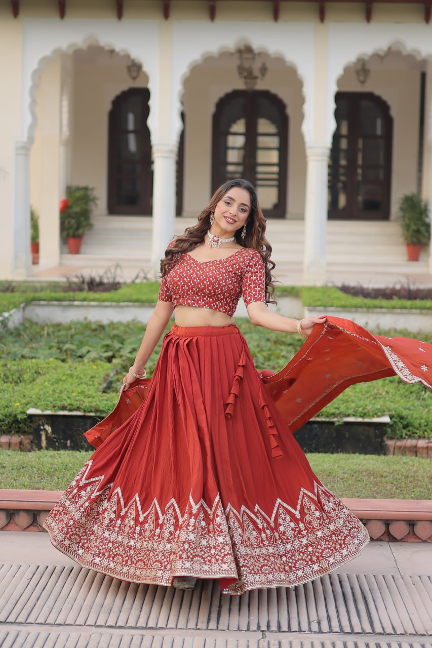 Rust Orange Embroidered Vichitra Silk Lehenga Choli with Dupatta