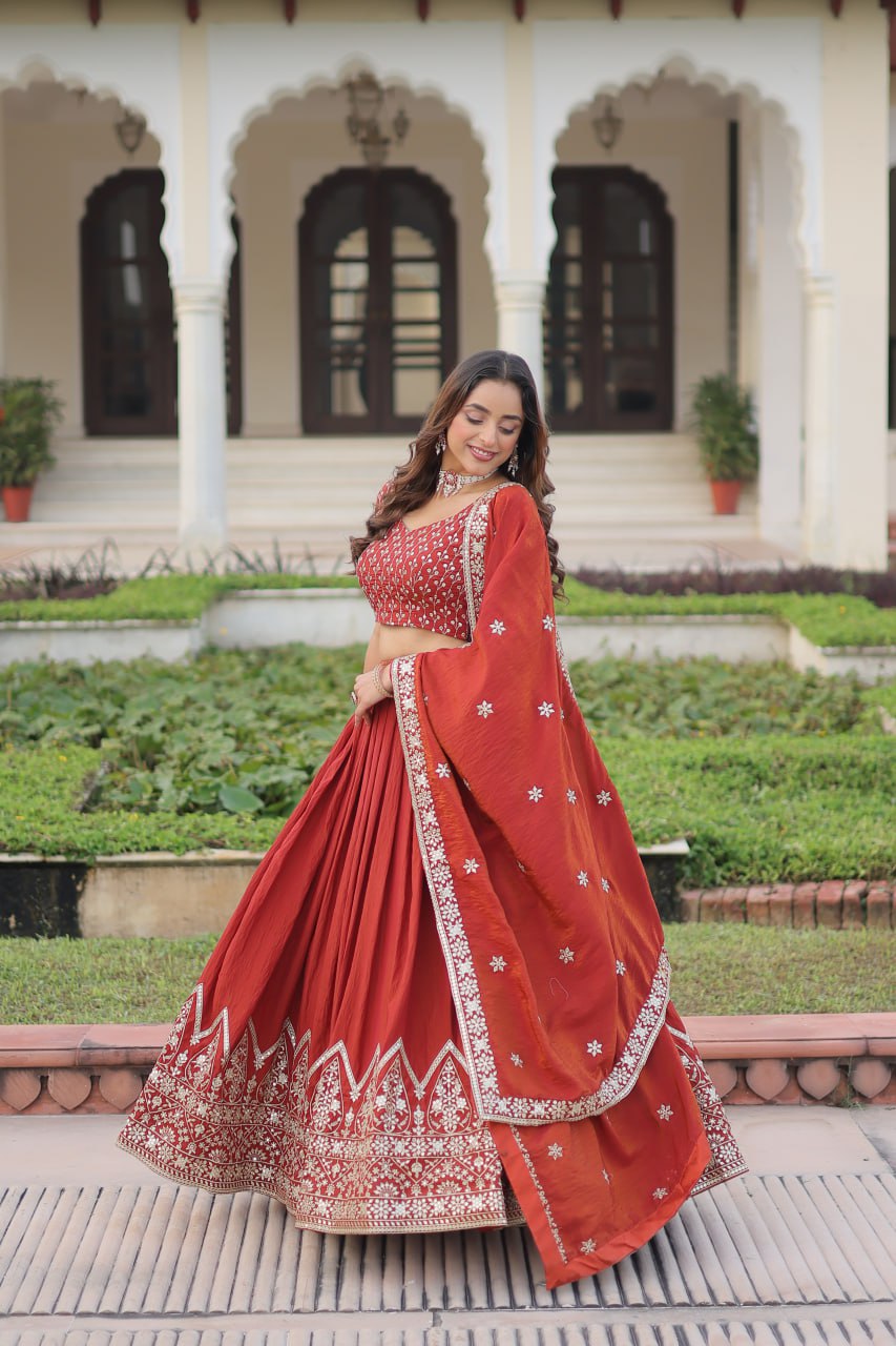 Rust Orange Embroidered Vichitra Silk Lehenga Choli with Dupatta