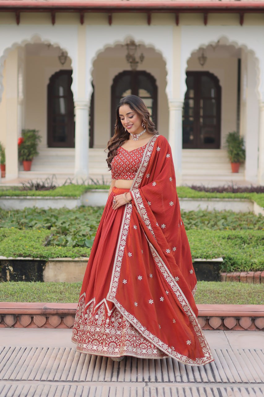 Rust Orange Embroidered Vichitra Silk Lehenga Choli with Dupatta