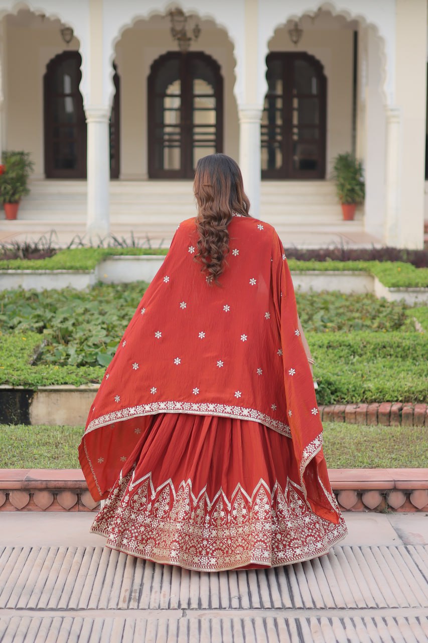 Rust Orange Embroidered Vichitra Silk Lehenga Choli with Dupatta