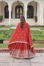 Rust Orange Embroidered Vichitra Silk Lehenga Choli with Dupatta