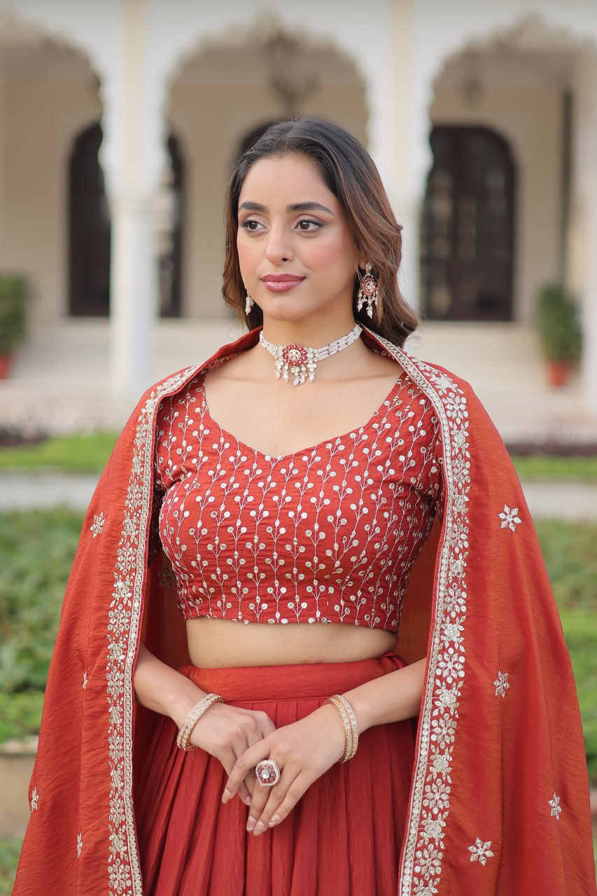 Rust Orange Embroidered Vichitra Silk Lehenga Choli with Dupatta