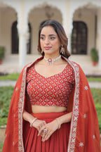 Rust Orange Embroidered Vichitra Silk Lehenga Choli with Dupatta