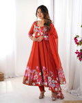 Pure Soft Organza Silk Fabric Fully Flair Kali Pattern and Canvas Patta With Dupatta Set ,Pent Ready to Wear - Rust
