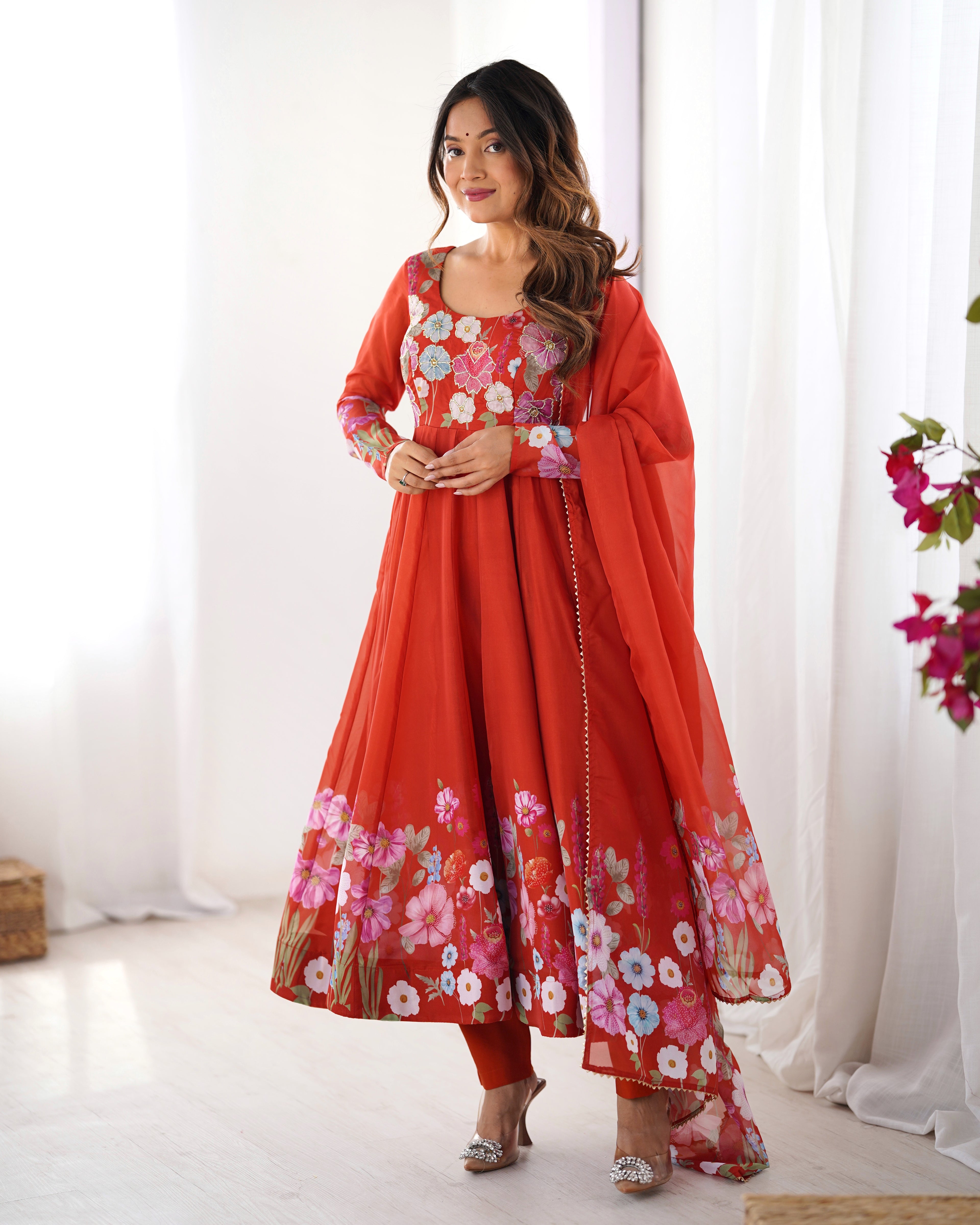 Pure Soft Organza Silk Fabric Fully Flair Kali Pattern and Canvas Patta With Dupatta Set ,Pent Ready to Wear - Rust
