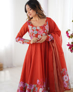 Pure Soft Organza Silk Fabric Fully Flair Kali Pattern and Canvas Patta With Dupatta Set ,Pent Ready to Wear - Rust
