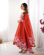 Pure Soft Organza Silk Fabric Fully Flair Kali Pattern and Canvas Patta With Dupatta Set ,Pent Ready to Wear - Rust