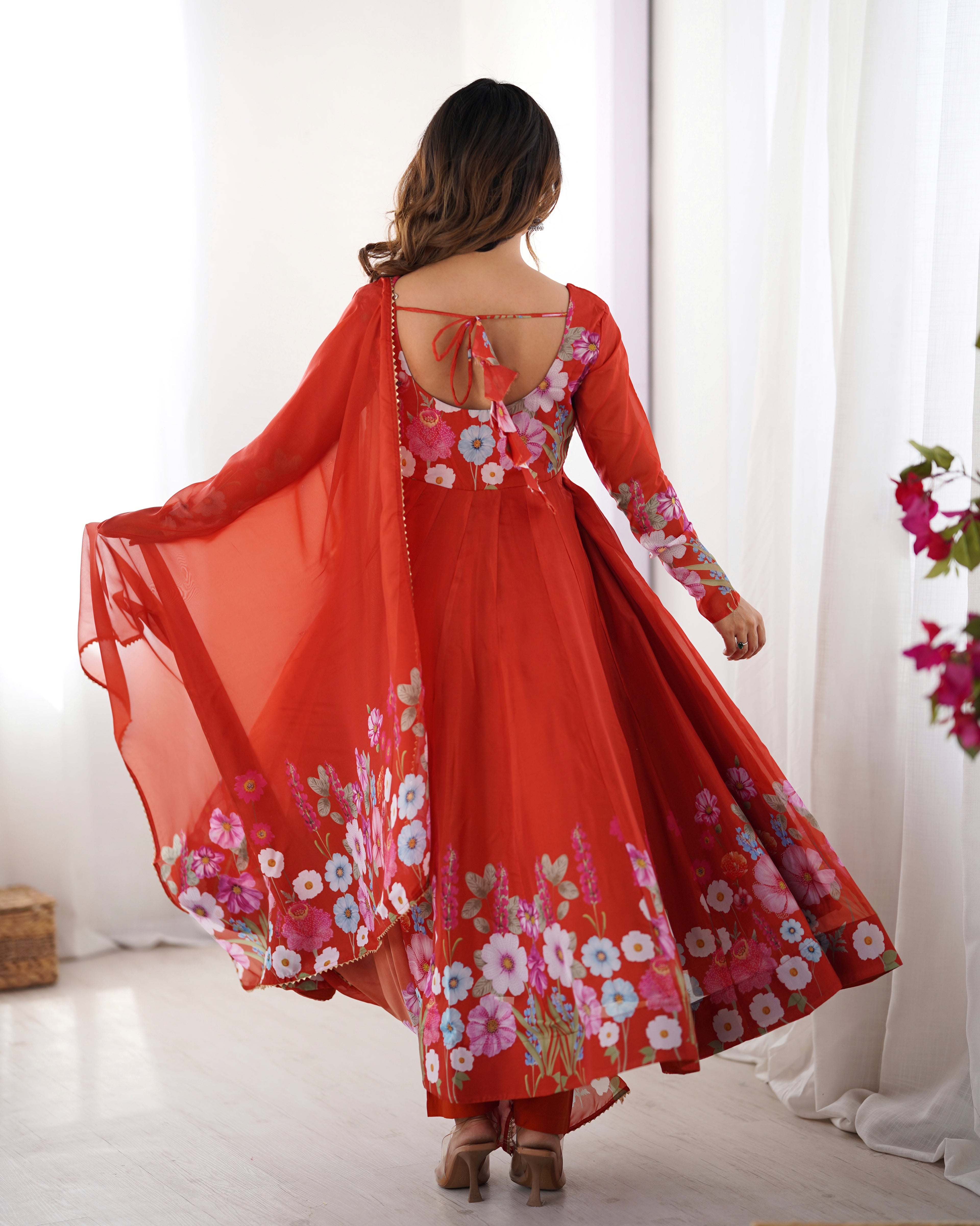 Pure Soft Organza Silk Fabric Fully Flair Kali Pattern and Canvas Patta With Dupatta Set ,Pent Ready to Wear - Rust
