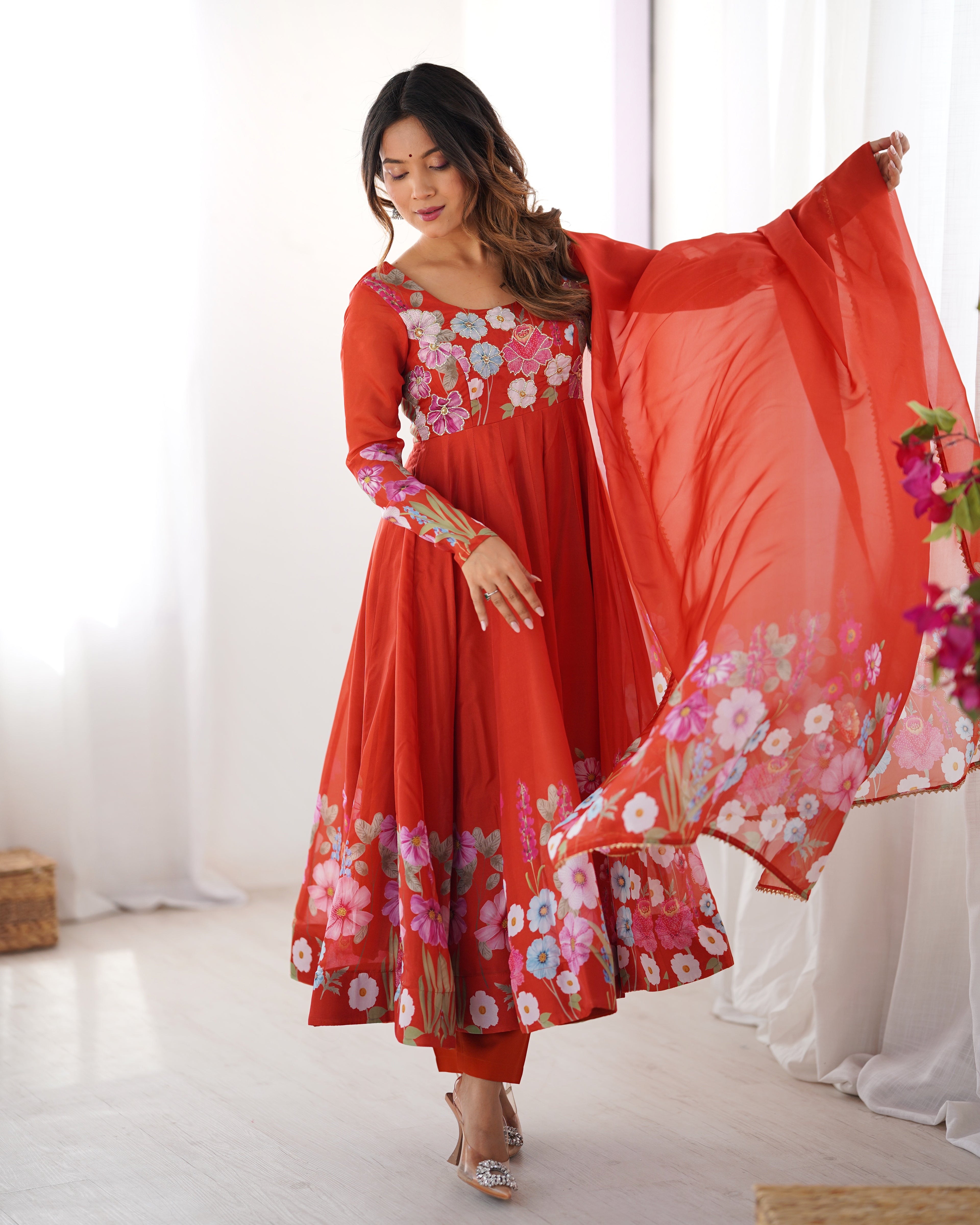 Pure Soft Organza Silk Fabric Fully Flair Kali Pattern and Canvas Patta With Dupatta Set ,Pent Ready to Wear - Rust
