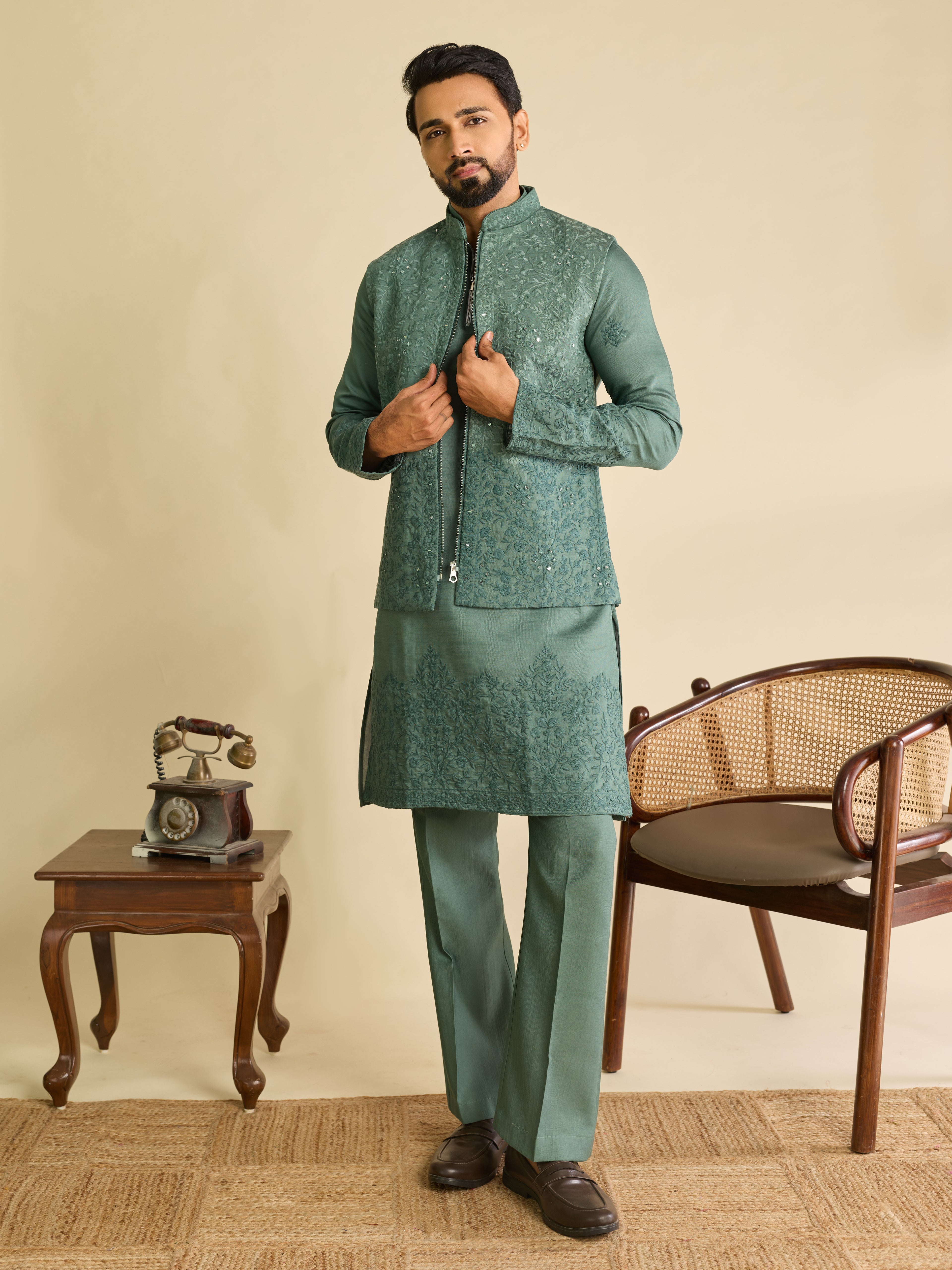 Traditional Sea Green Heavy Mirror Work Kurta Jacket & Pant Set
