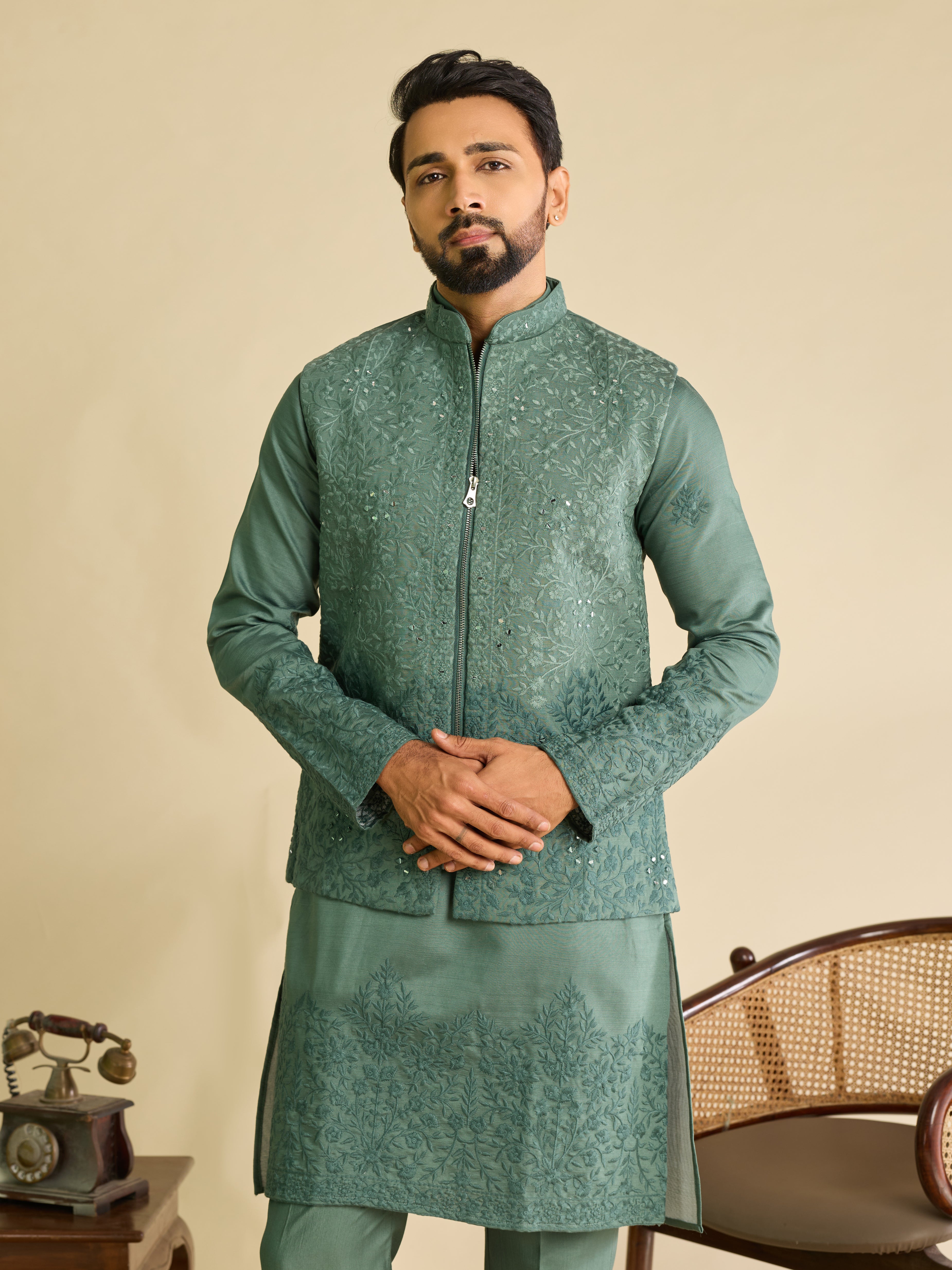 Traditional Sea Green Heavy Mirror Work Kurta Jacket & Pant Set
