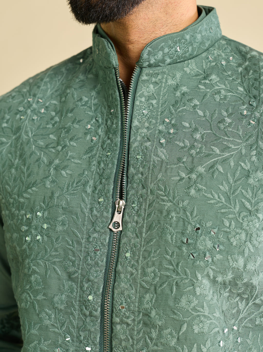 Traditional Sea Green Heavy Mirror Work Kurta Jacket & Pant Set
