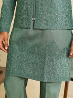 Traditional Sea Green Heavy Mirror Work Kurta Jacket & Pant Set

