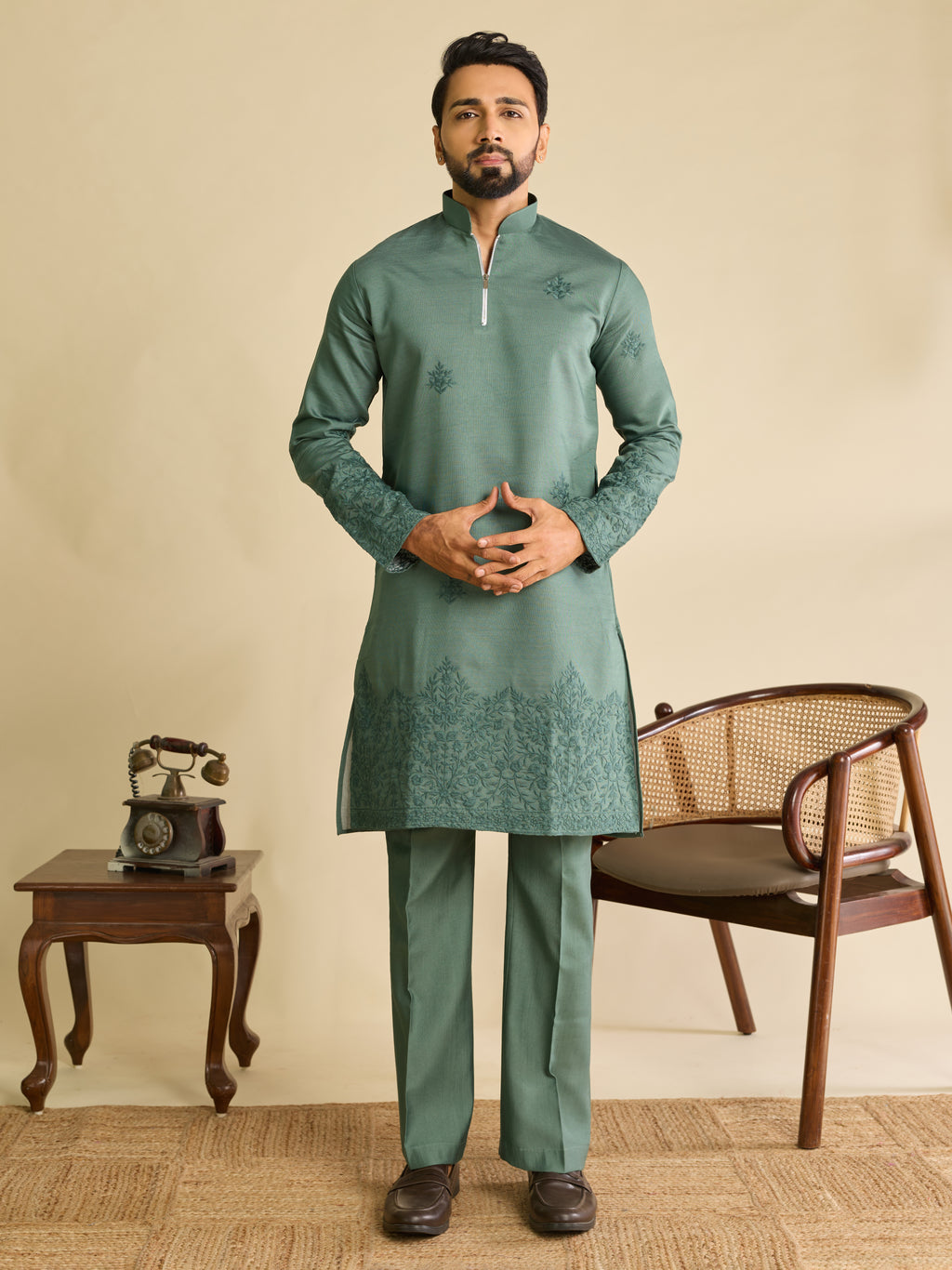Traditional Sea Green Heavy Mirror Work Kurta Jacket & Pant Set
