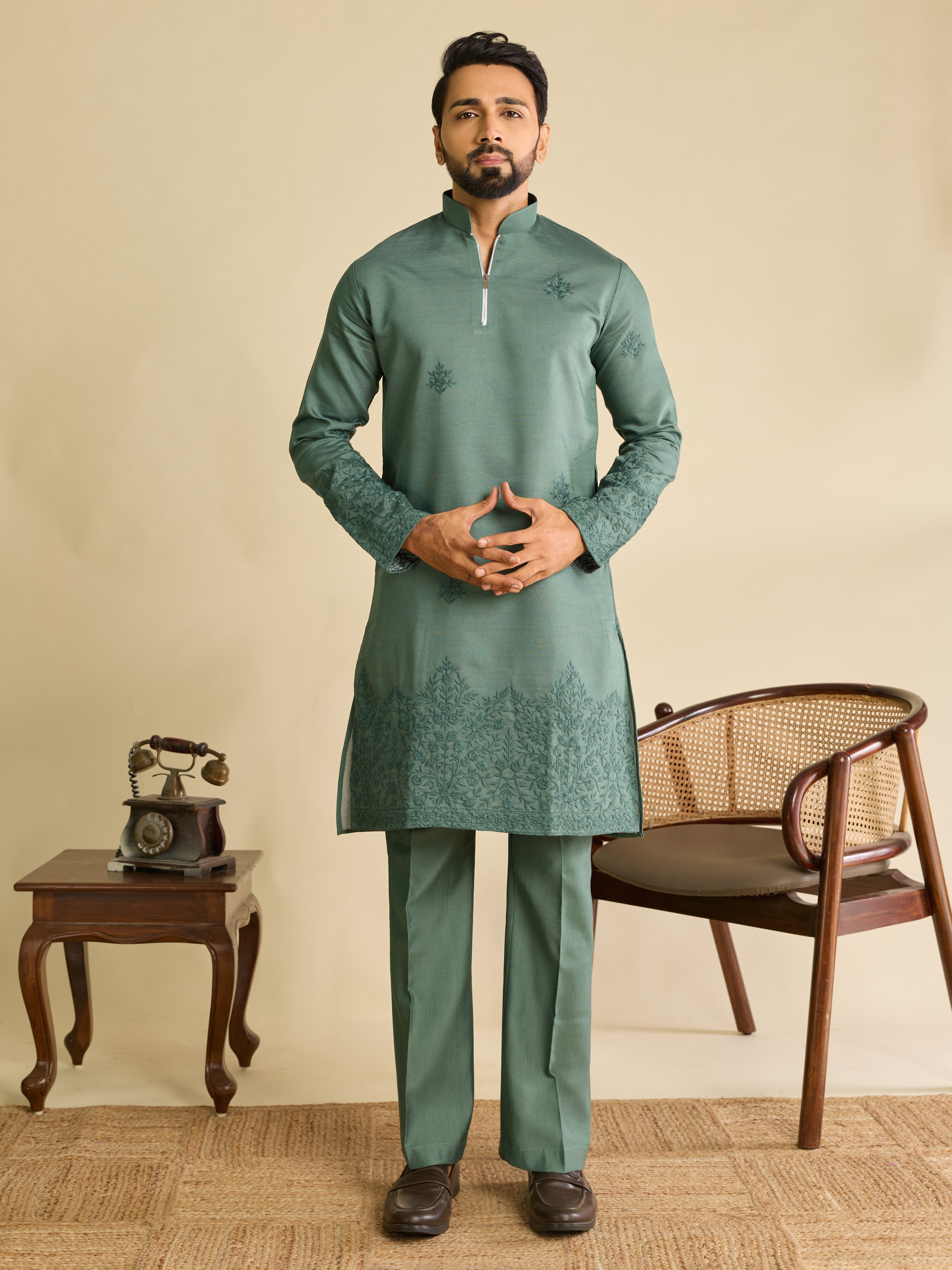 Traditional Sea Green Heavy Mirror Work Kurta Jacket & Pant Set
