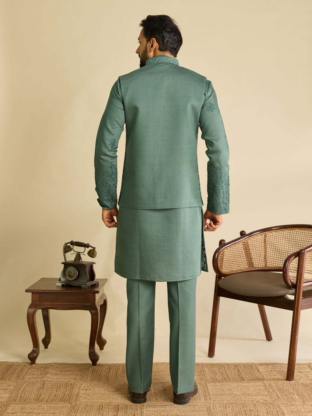 Traditional Sea Green Heavy Mirror Work Kurta Jacket & Pant Set
