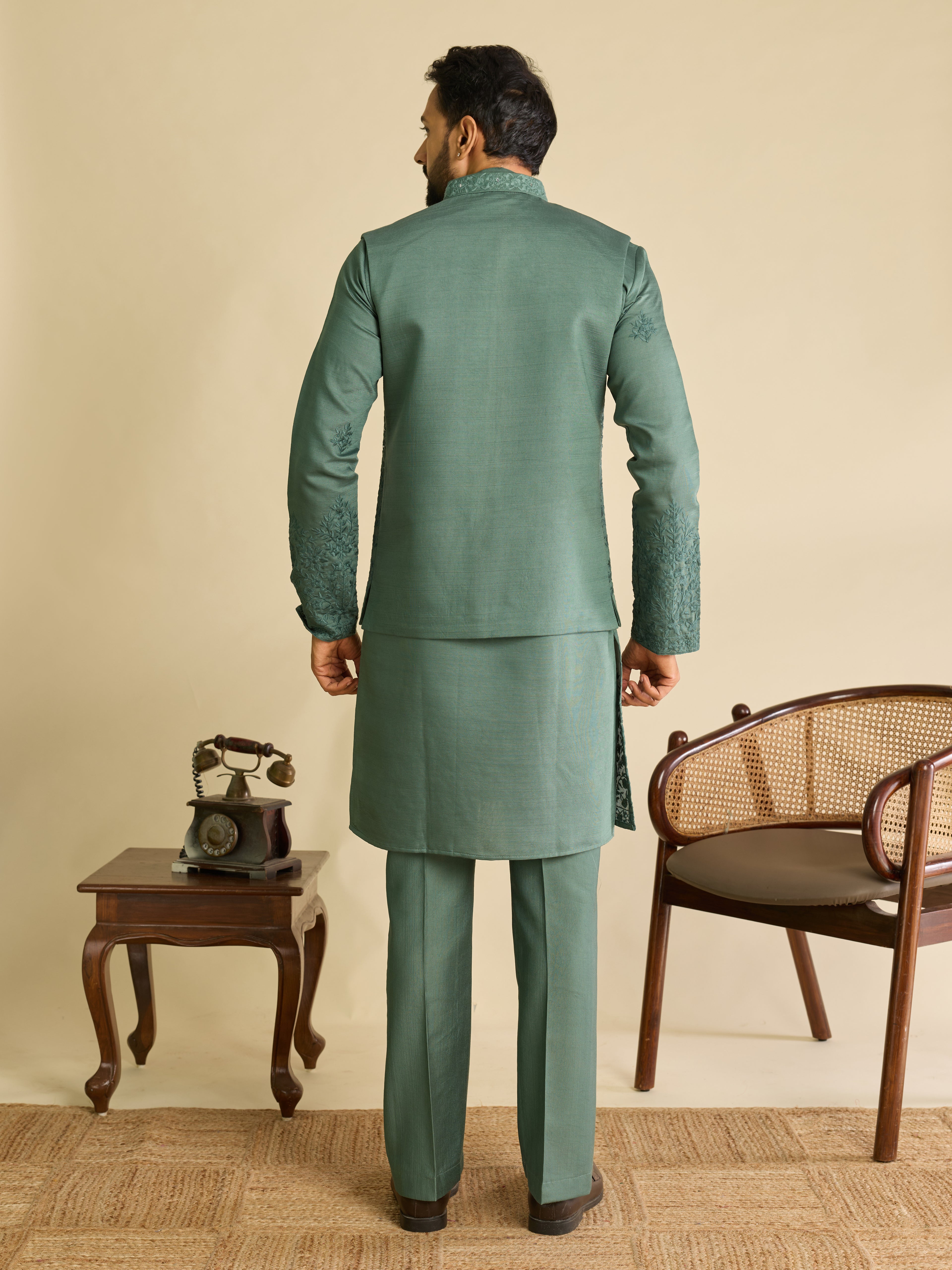 Traditional Sea Green Heavy Mirror Work Kurta Jacket & Pant Set
