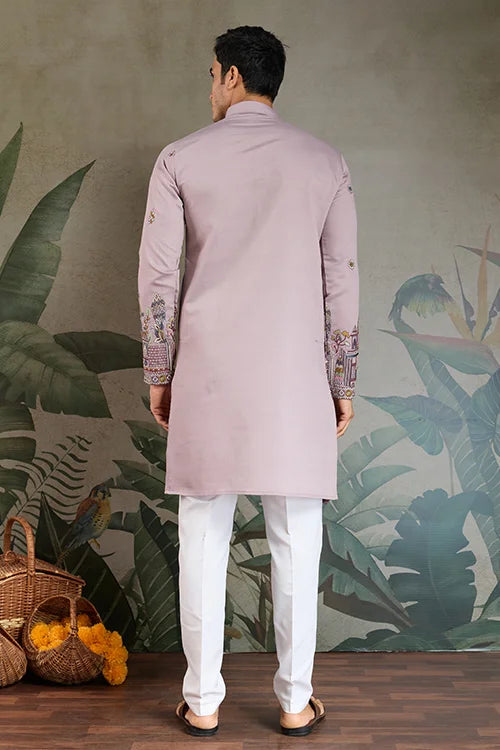 Traditional Dusty Pink Embroidered Kurta Dupatta with Pajama