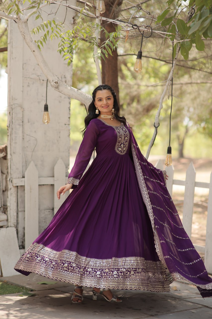 
Designer Sequins Embroidered Work Stylish Gown With Dupatta Set