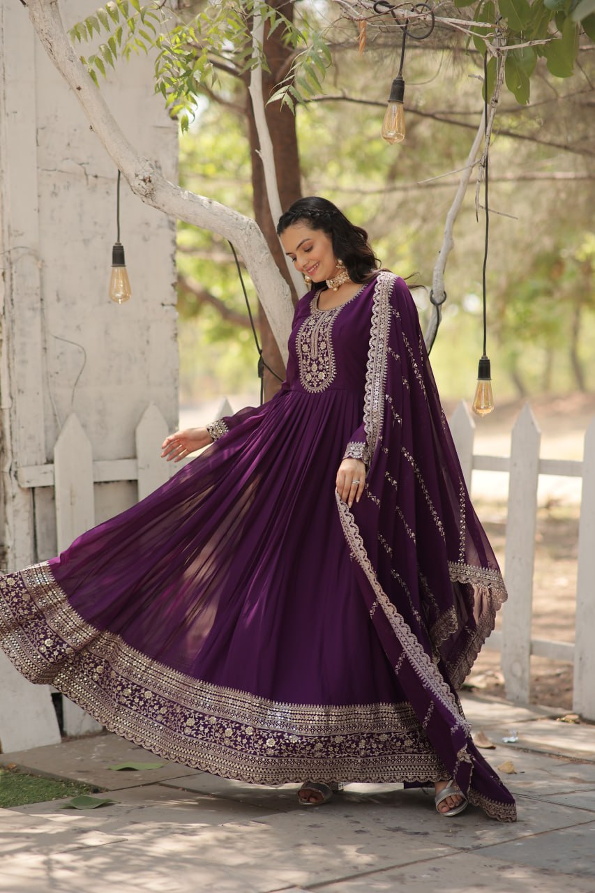 
Designer Sequins Embroidered Work Stylish Gown With Dupatta Set