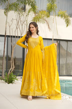 Awesome Sequins Work Georgette Party Wear Gown With Dupatta - Yellow

