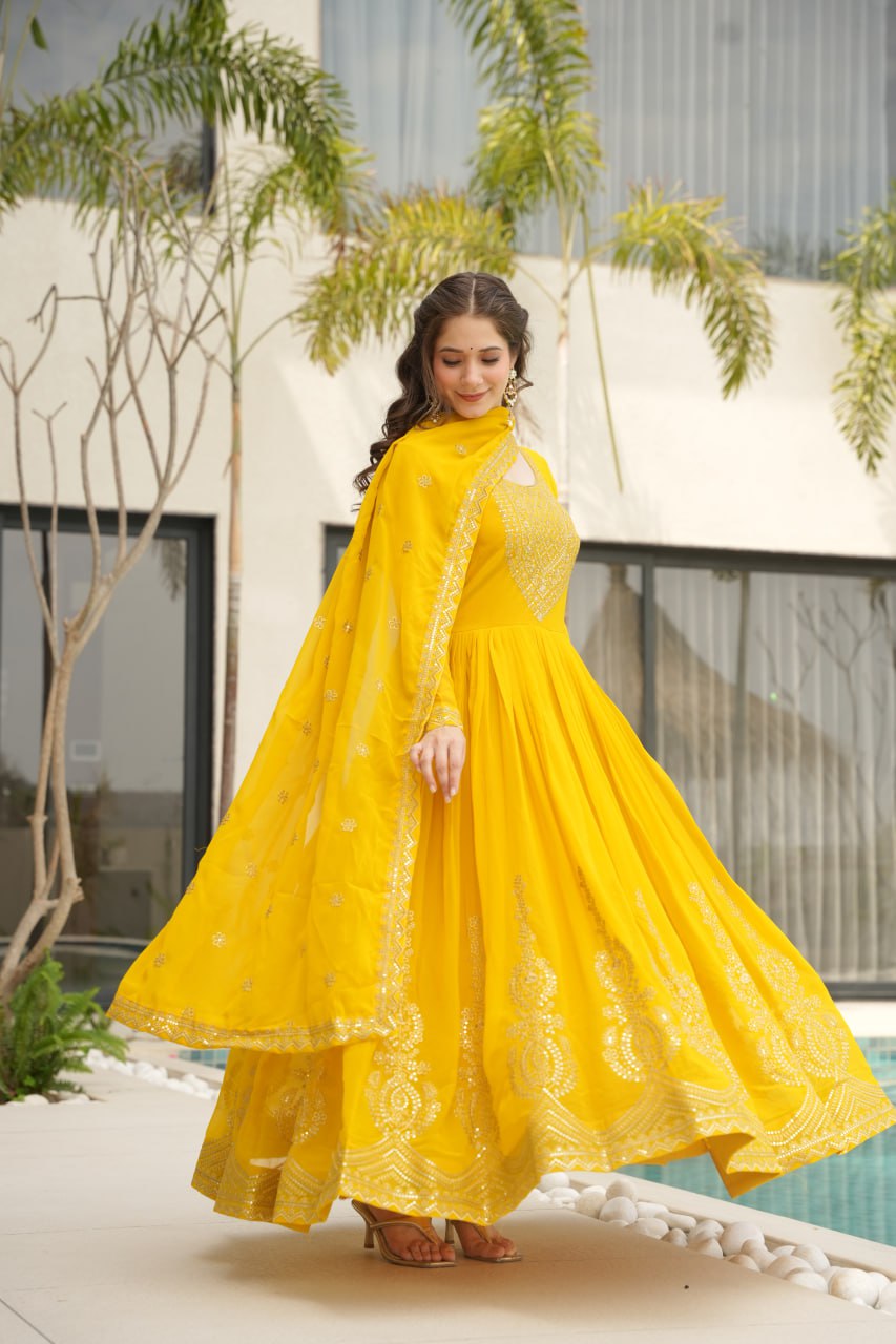 Awesome Sequins Work Georgette Party Wear Gown With Dupatta - Yellow
