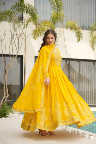 Awesome Sequins Work Georgette Party Wear Gown With Dupatta - Yellow
