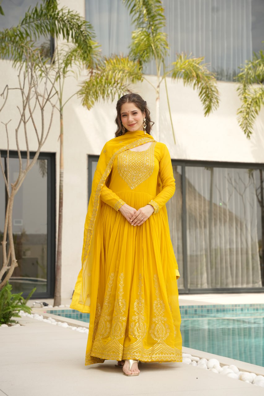 Awesome Sequins Work Georgette Party Wear Gown With Dupatta - Yellow
