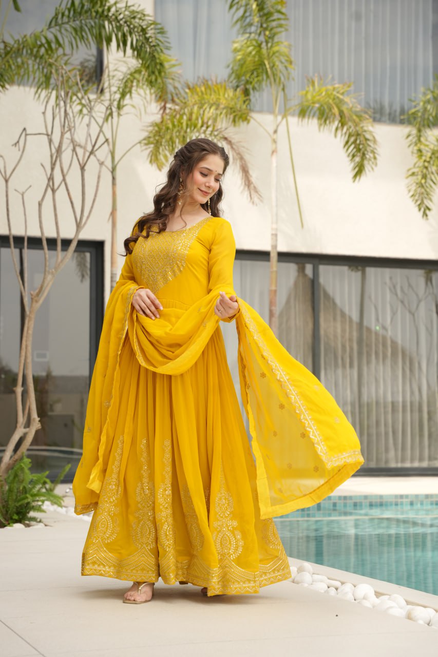 Awesome Sequins Work Georgette Party Wear Gown With Dupatta - Yellow
