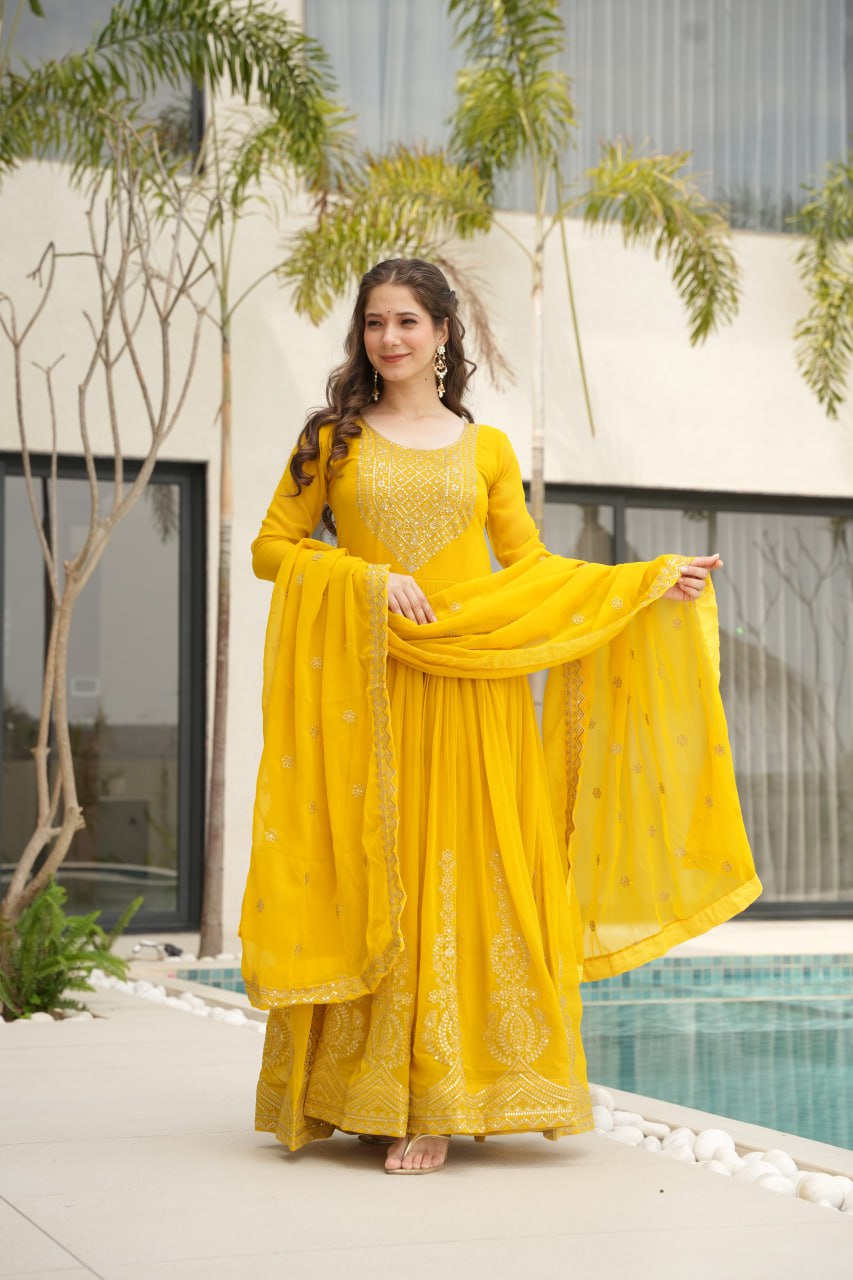 Awesome Sequins Work Georgette Party Wear Gown With Dupatta - Yellow
