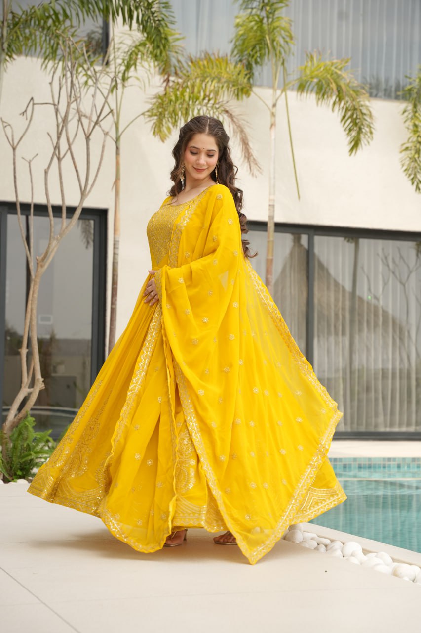 Awesome Sequins Work Georgette Party Wear Gown With Dupatta - Yellow
