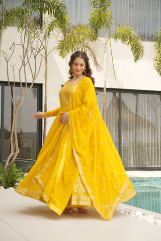 Awesome Sequins Work Georgette Party Wear Gown With Dupatta - Yellow

