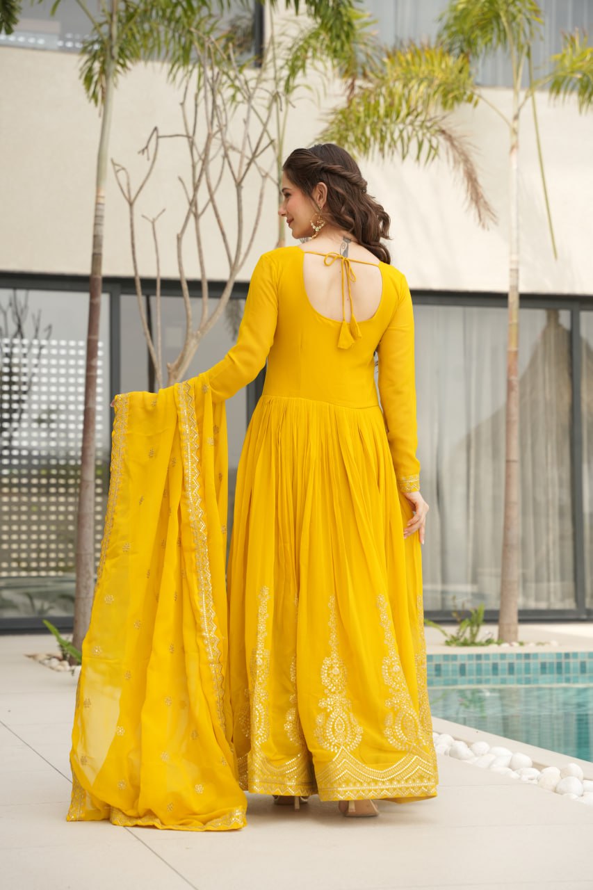 Awesome Sequins Work Georgette Party Wear Gown With Dupatta - Yellow
