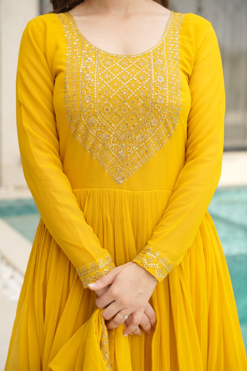 Awesome Sequins Work Georgette Party Wear Gown With Dupatta - Yellow
