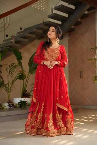Awesome Sequins Work Georgette Party Wear Gown With Dupatta - Red
