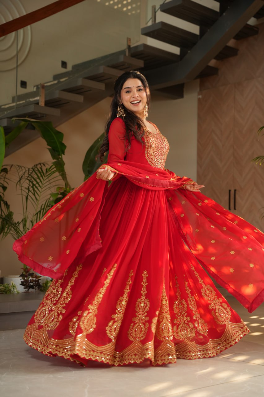 Awesome Sequins Work Georgette Party Wear Gown With Dupatta - Red

