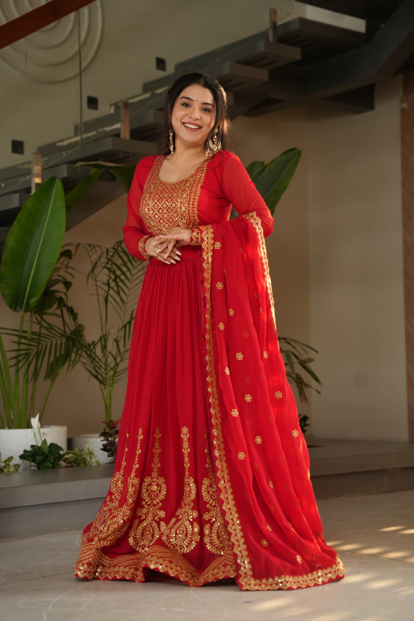 Awesome Sequins Work Georgette Party Wear Gown With Dupatta - Red
